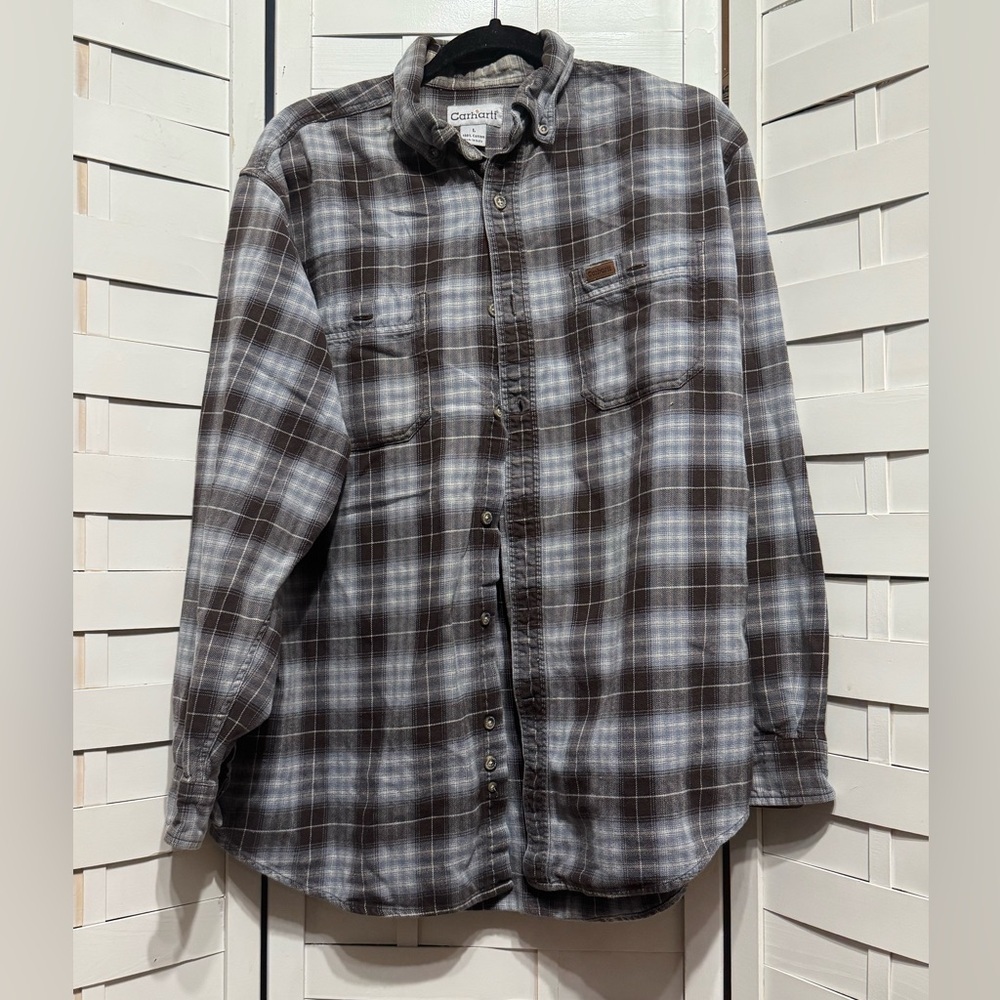 Carhartt Men's Gray and Brown Plaid Button Down Shirt